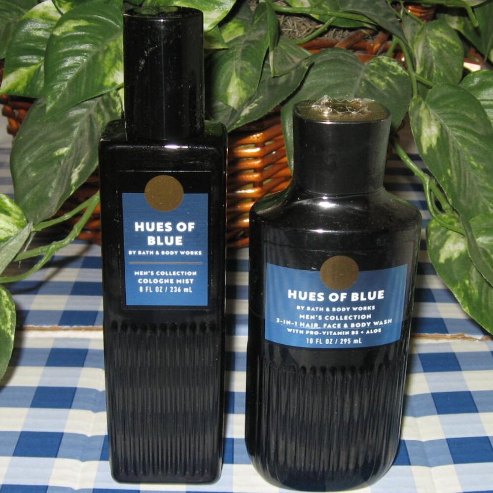 BBW Mens Hues Of Blue Cologne Mist 3 In 1 Hair Face 7 Body Wash Lot of 2 NEW